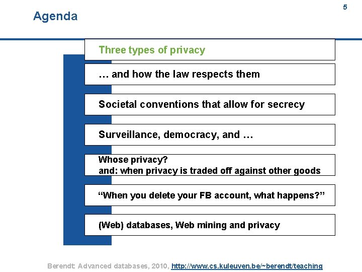 5 Agenda 5 Three types of privacy … and how the law respects them