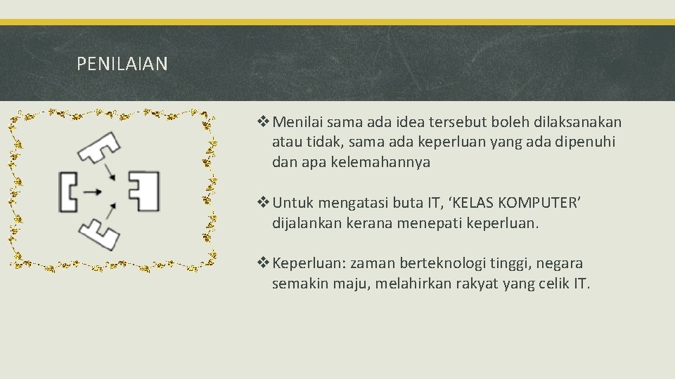 PENILAIAN v. Menilai sama ada idea tersebut boleh dilaksanakan atau tidak, sama ada keperluan