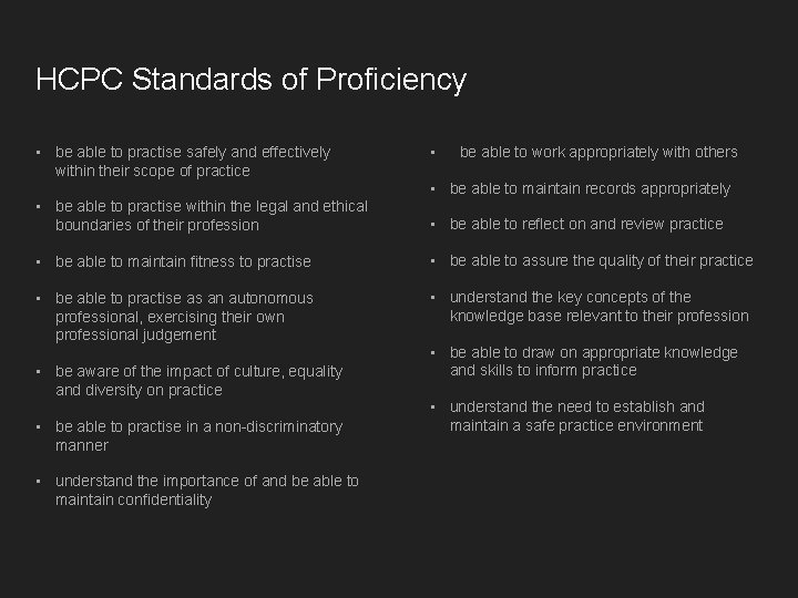 HCPC Standards of Proficiency • be able to practise safely and effectively within their HCPC Standards of Proficiency • be able to practise safely and effectively within their
