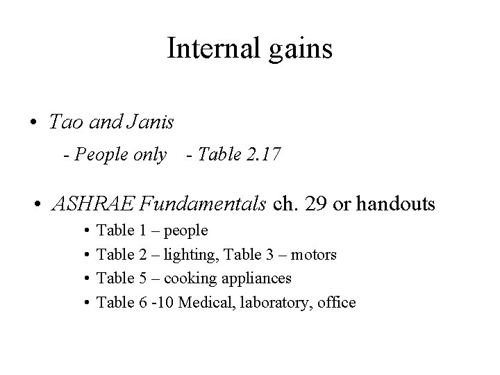 Internal gains • Tao and Janis - People only - Table 2. 17 •