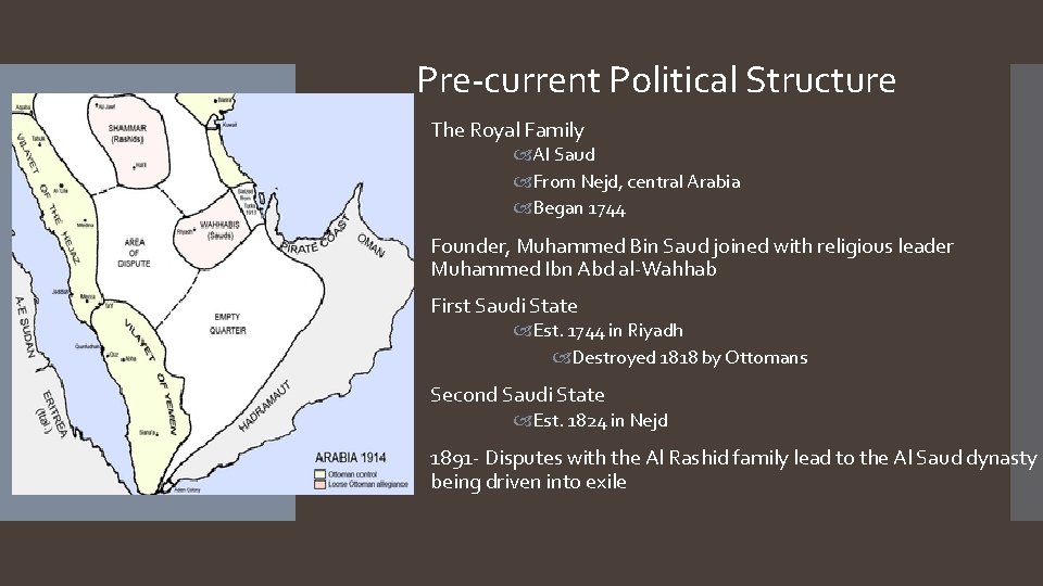 Pre-current Political Structure The Royal Family Al Saud From Nejd, central Arabia Began 1744