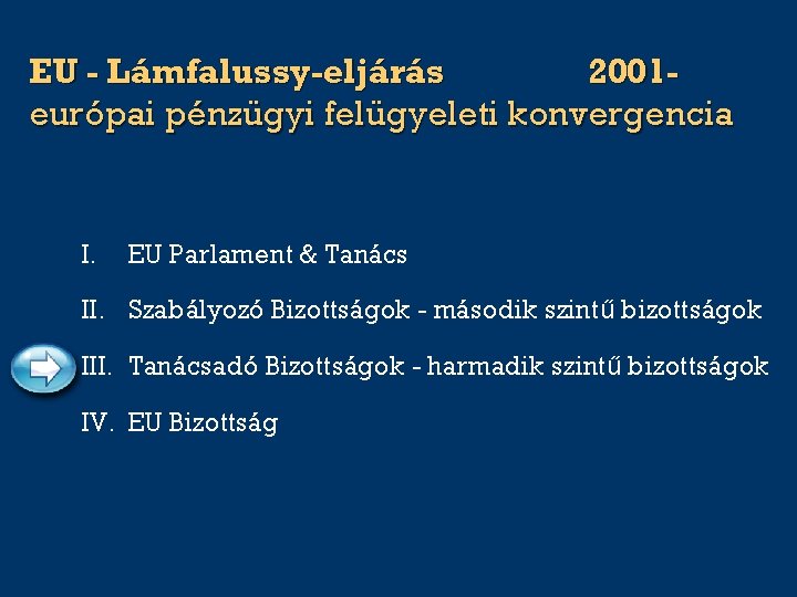 EU - Lámfalussy-eljárás 2001 európai pénzügyi felügyeleti konvergencia I. EU Parlament & Tanács II.