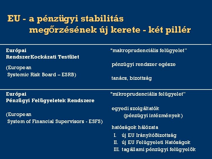 EU - a pénzügyi stabilitás megőrzésének új kerete - két pillér Európai Rendszer. Kockázati