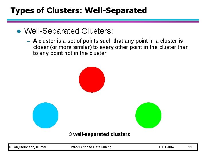 Types of Clusters: Well-Separated l Well-Separated Clusters: – A cluster is a set of Types of Clusters: Well-Separated l Well-Separated Clusters: – A cluster is a set of