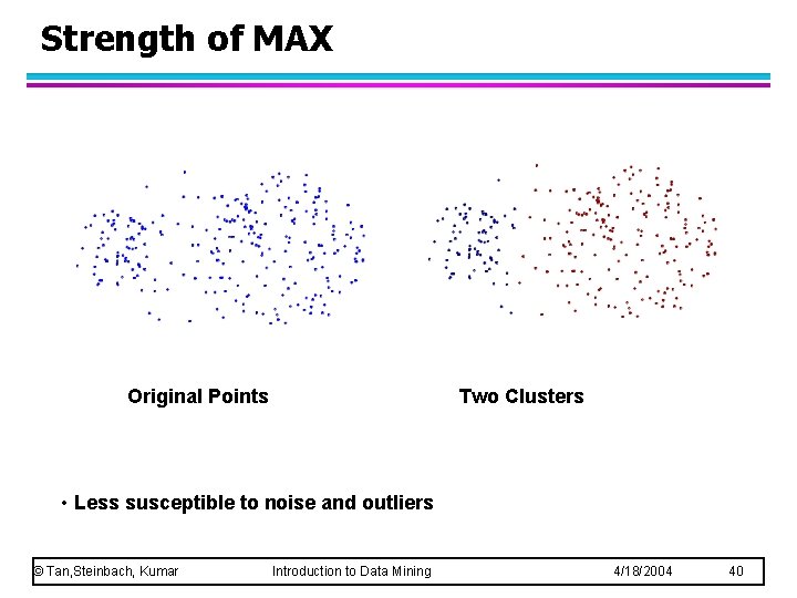 Strength of MAX Original Points Two Clusters • Less susceptible to noise and outliers Strength of MAX Original Points Two Clusters • Less susceptible to noise and outliers