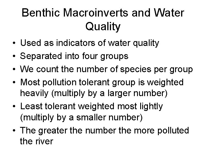 Benthic Macroinverts and Water Quality • • Used as indicators of water quality Separated