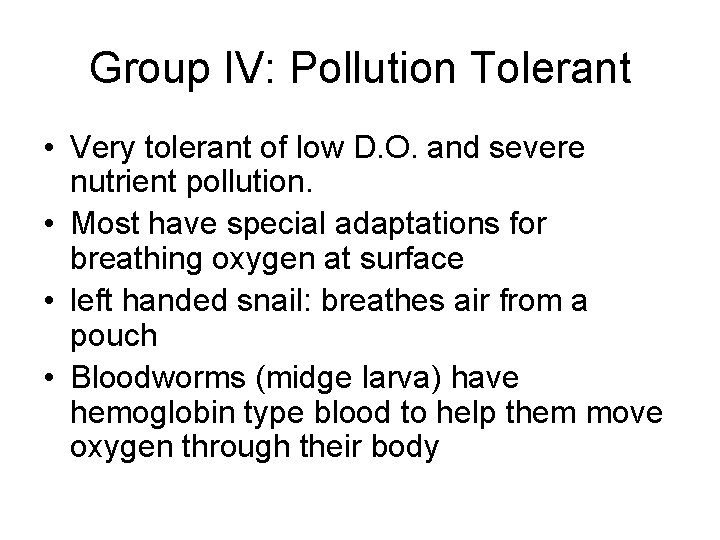 Group IV: Pollution Tolerant • Very tolerant of low D. O. and severe nutrient