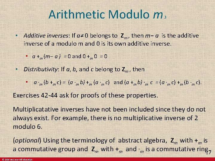 Arithmetic Modulo m 3 • Additive inverses: If a≠ 0 belongs to Zm , Arithmetic Modulo m 3 • Additive inverses: If a≠ 0 belongs to Zm ,