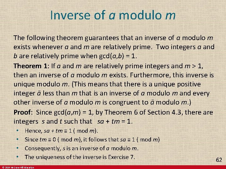 Inverse of a modulo m The following theorem guarantees that an inverse of a Inverse of a modulo m The following theorem guarantees that an inverse of a