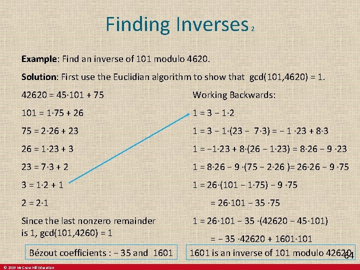 Finding Inverses 2 Example: Find an inverse of 101 modulo 4620. Solution: First use Finding Inverses 2 Example: Find an inverse of 101 modulo 4620. Solution: First use
