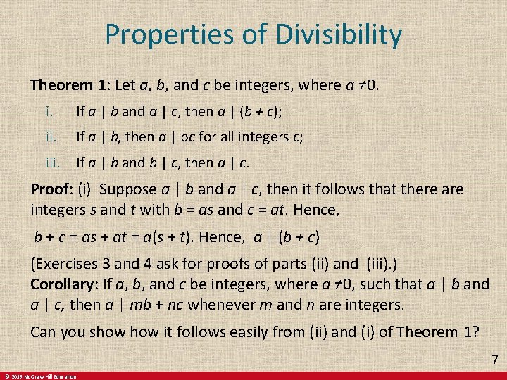Properties of Divisibility Theorem 1: Let a, b, and c be integers, where a Properties of Divisibility Theorem 1: Let a, b, and c be integers, where a