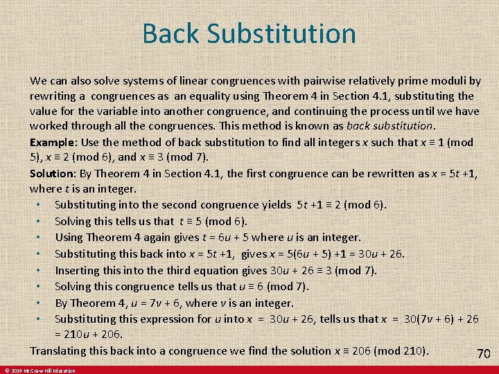Back Substitution We can also solve systems of linear congruences with pairwise relatively prime Back Substitution We can also solve systems of linear congruences with pairwise relatively prime