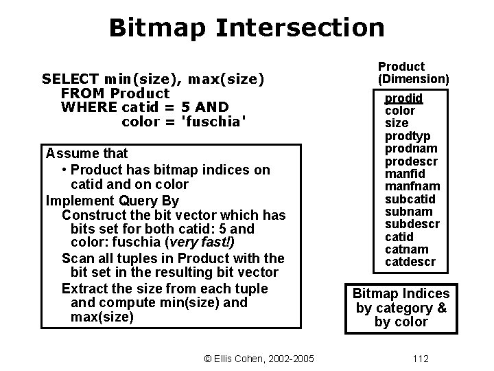 Bitmap Intersection SELECT min(size), max(size) FROM Product WHERE catid = 5 AND color =