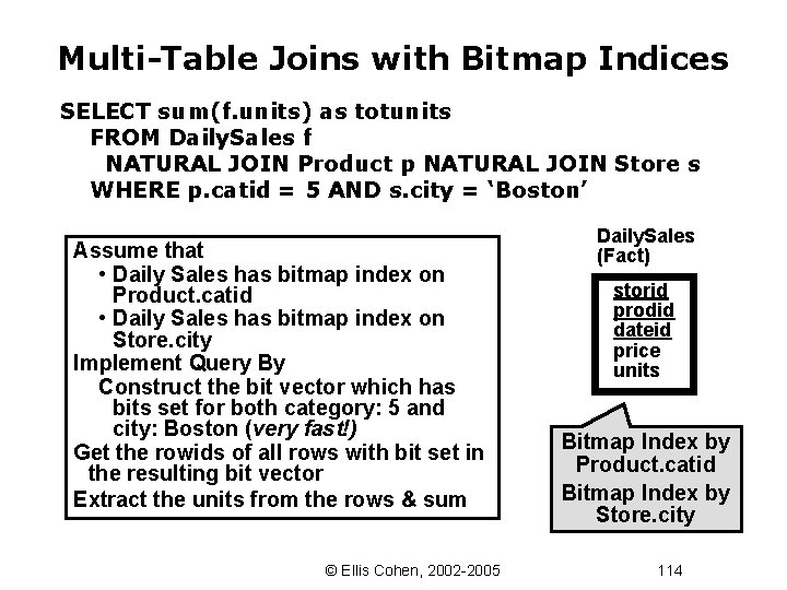 Multi-Table Joins with Bitmap Indices SELECT sum(f. units) as totunits FROM Daily. Sales f