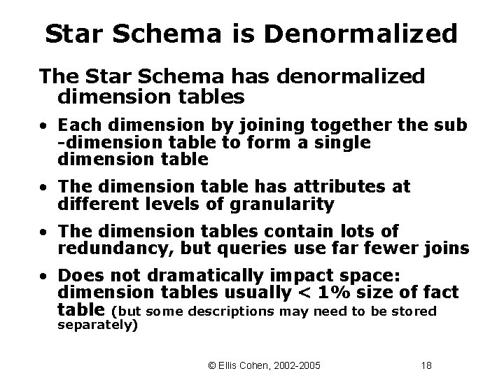 Star Schema is Denormalized The Star Schema has denormalized dimension tables • Each dimension