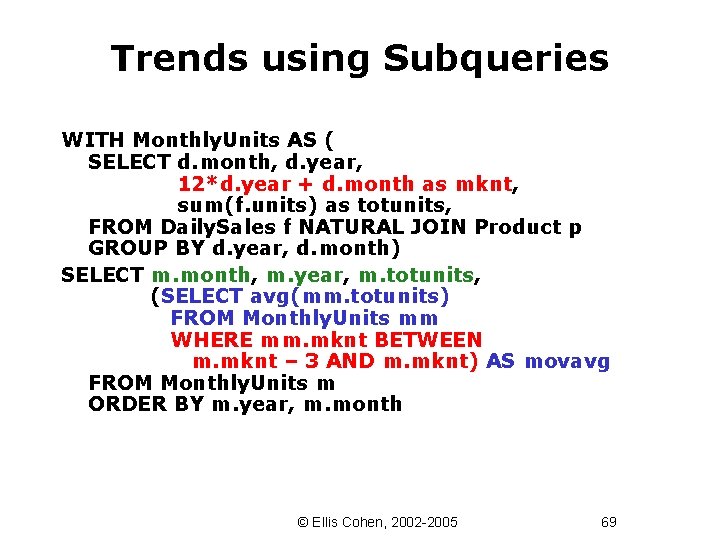 Trends using Subqueries WITH Monthly. Units AS ( SELECT d. month, d. year, 12*d.