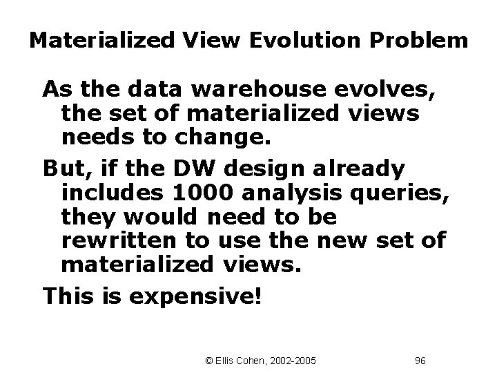 Materialized View Evolution Problem As the data warehouse evolves, the set of materialized views