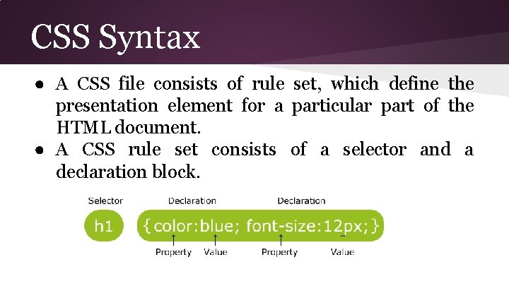 CSS Syntax ● A CSS file consists of rule set, which define the presentation