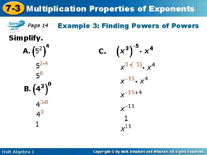 7 -3 Multiplication Properties of Exponents Page 14 Example 3: Finding Powers of Powers