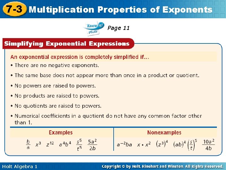 7 -3 Multiplication Properties of Exponents Page 11 Holt Algebra 1 