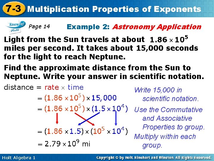 7 -3 Multiplication Properties of Exponents Page 14 Example 2: Astronomy Application Light from