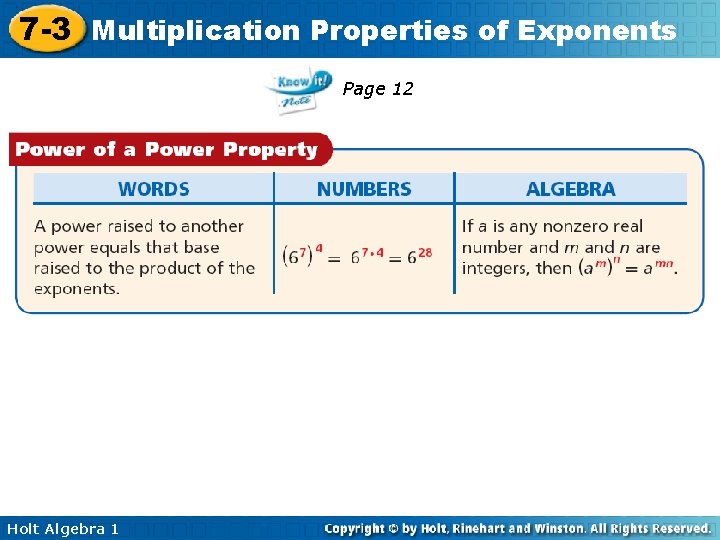 7 -3 Multiplication Properties of Exponents Page 12 Holt Algebra 1 