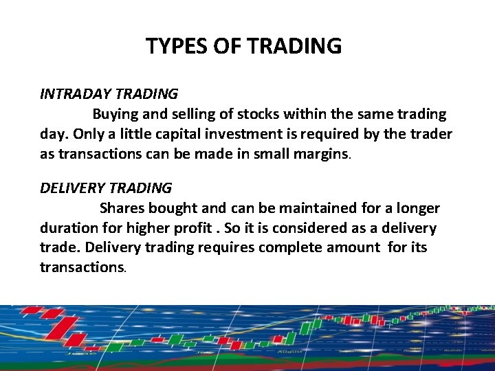 TYPES OF TRADING INTRADAY TRADING Buying and selling of stocks within the same trading