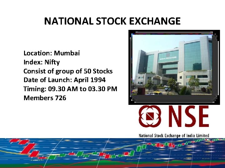 NATIONAL STOCK EXCHANGE Location: Mumbai Index: Nifty Consist of group of 50 Stocks Date