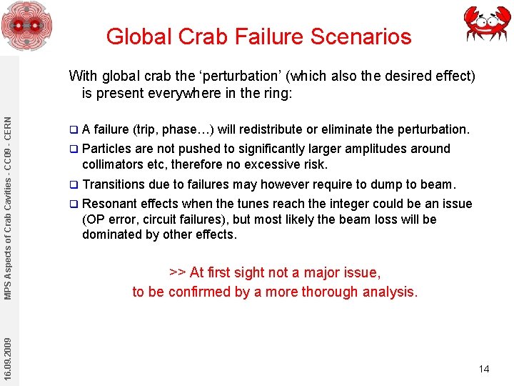 Global Crab Failure Scenarios 16. 09. 2009 MPS Aspects of Crab Cavities - CC