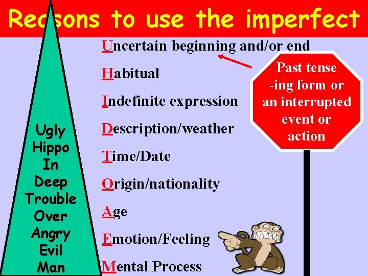 Reasons to use the imperfect Uncertain beginning and/or end Habitual Indefinite expression Ugly Hippo