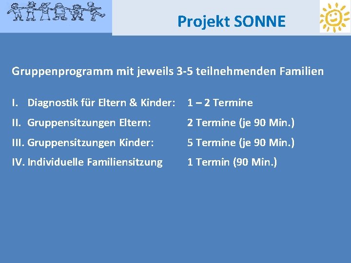 Projekt SONNE Gruppenprogramm mit jeweils 3 -5 teilnehmenden Familien I. Diagnostik für Eltern &
