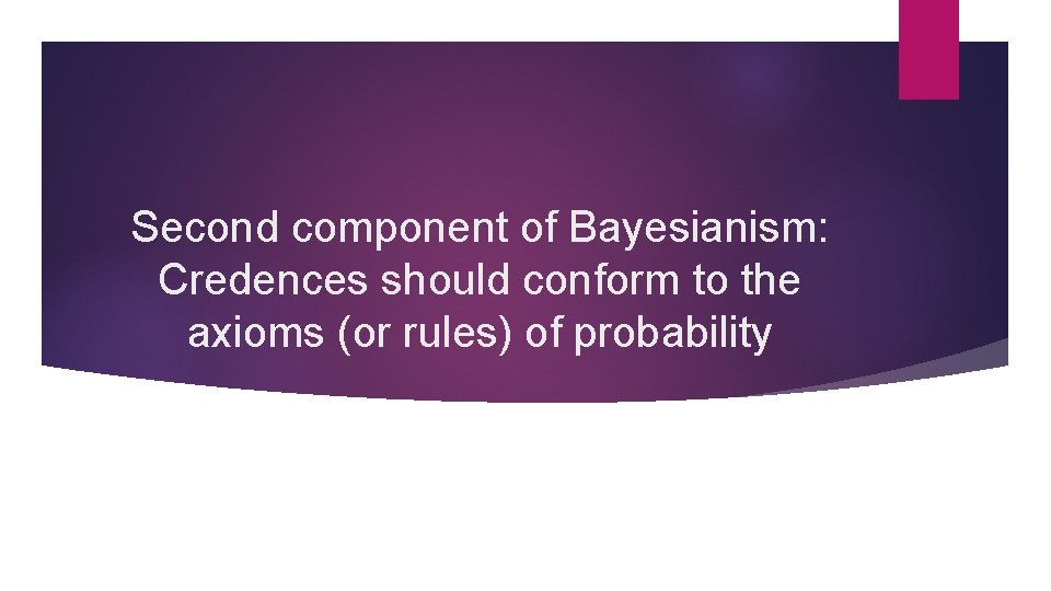 Second component of Bayesianism: Credences should conform to the axioms (or rules) of probability