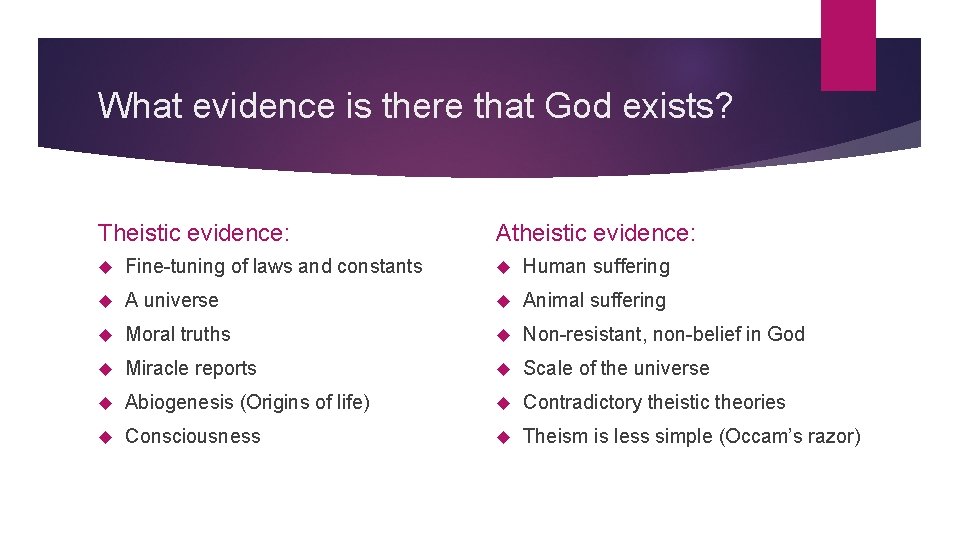 What evidence is there that God exists? Theistic evidence: Atheistic evidence: Fine-tuning of laws