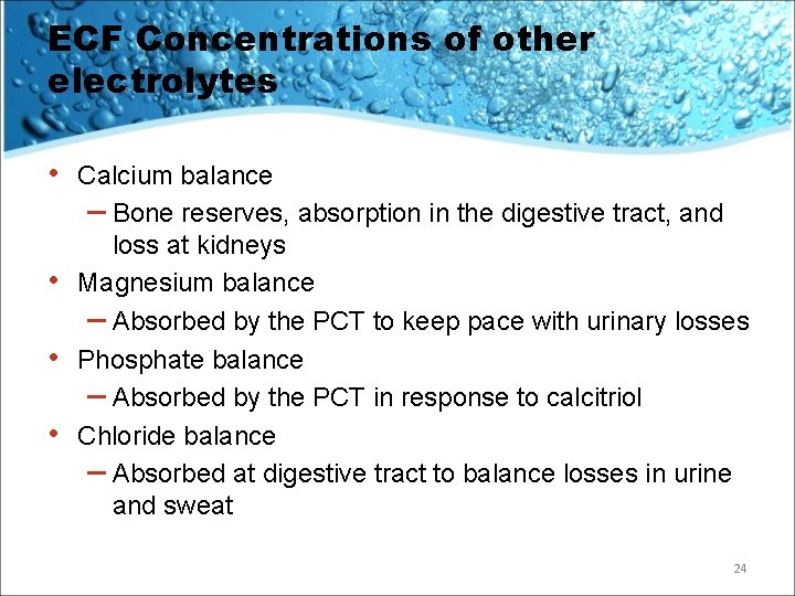 ECF Concentrations of other electrolytes • • Calcium balance – Bone reserves, absorption in