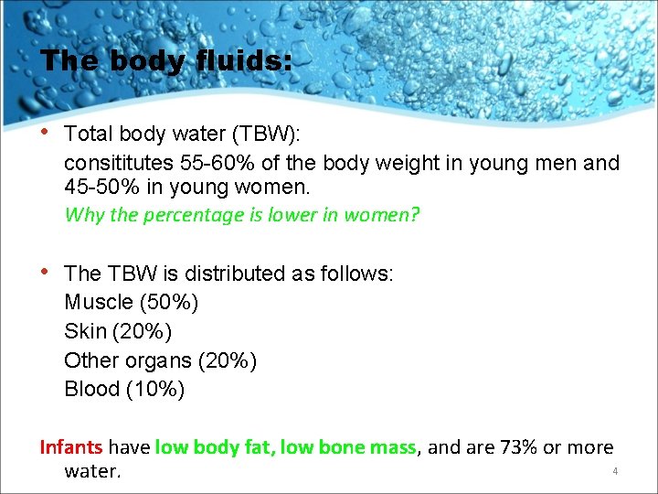The body fluids: • Total body water (TBW): consititutes 55 -60% of the body