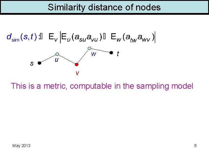 Similarity distance of nodes s w u t v This is a metric, computable