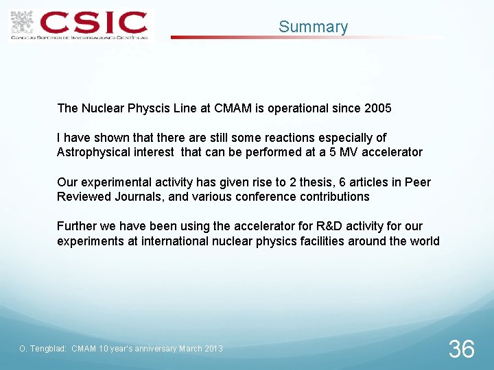 Summary The Nuclear Physcis Line at CMAM is operational since 2005 I have shown