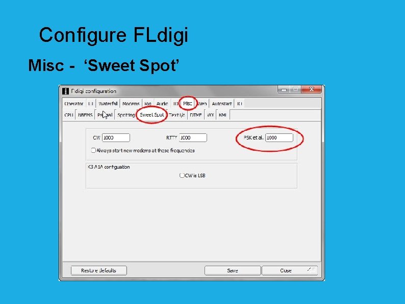 Configure FLdigi Misc - ‘Sweet Spot’ 