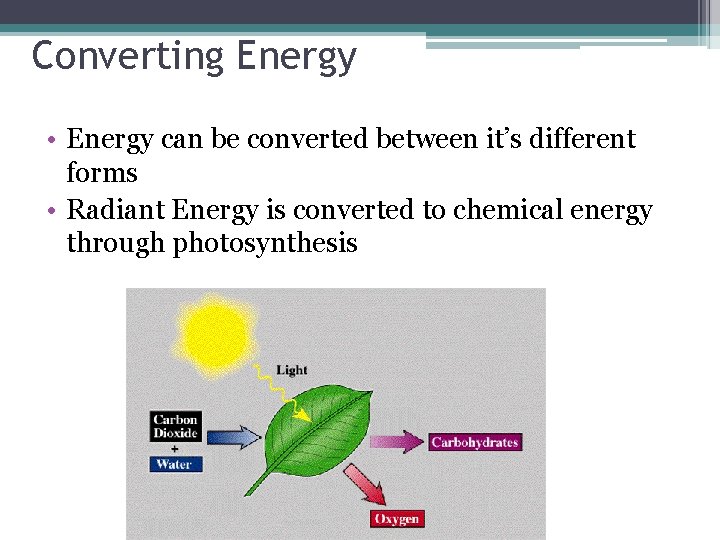 Converting Energy • Energy can be converted between it’s different forms • Radiant Energy