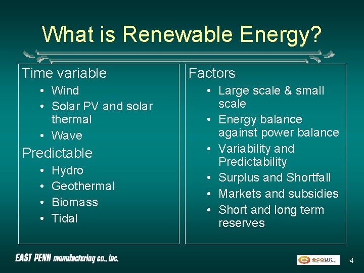 What is Renewable Energy? Time variable • Wind • Solar PV and solar thermal