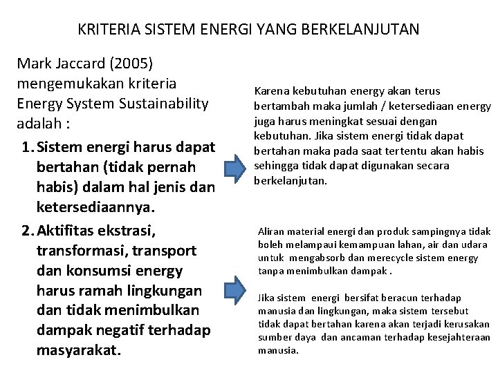KRITERIA SISTEM ENERGI YANG BERKELANJUTAN Mark Jaccard (2005) mengemukakan kriteria Energy System Sustainability adalah