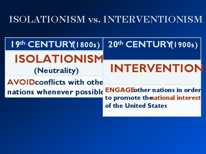 ISOLATIONISM vs. INTERVENTIONISM 19 th CENTURY(1800 s) 20 th CENTURY(1900 s) ISOLATIONISM INTERVENTION (Neutrality)