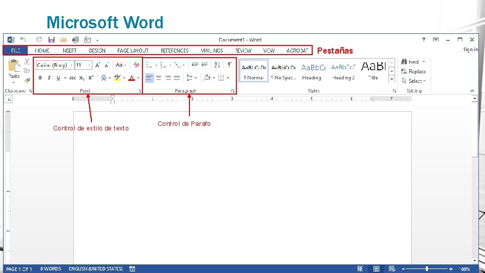 Microsoft Word Pestañas Control de estilo de texto Control de Parafo 