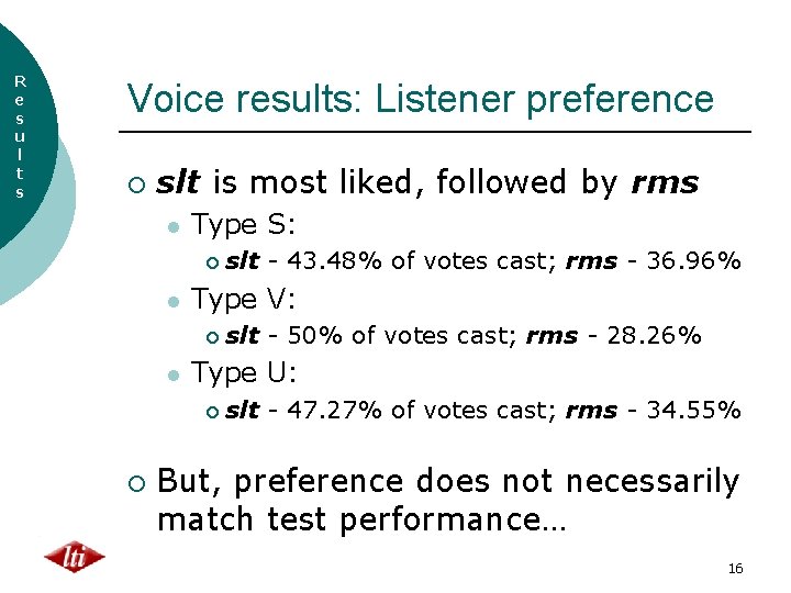 R e s u l t s Voice results: Listener preference ¡ slt is