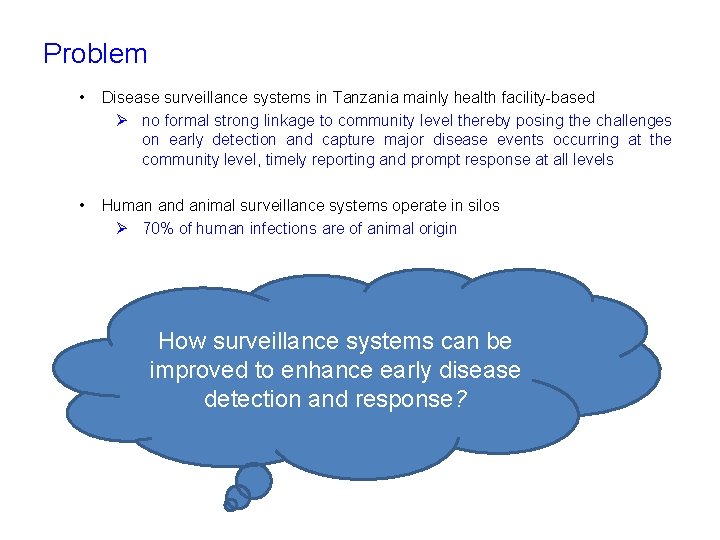 Problem • Disease surveillance systems in Tanzania mainly health facility-based Ø no formal strong