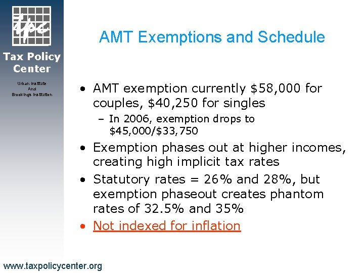 AMT Exemptions and Schedule Tax Policy Center Urban Institute And Brookings Institution • AMT