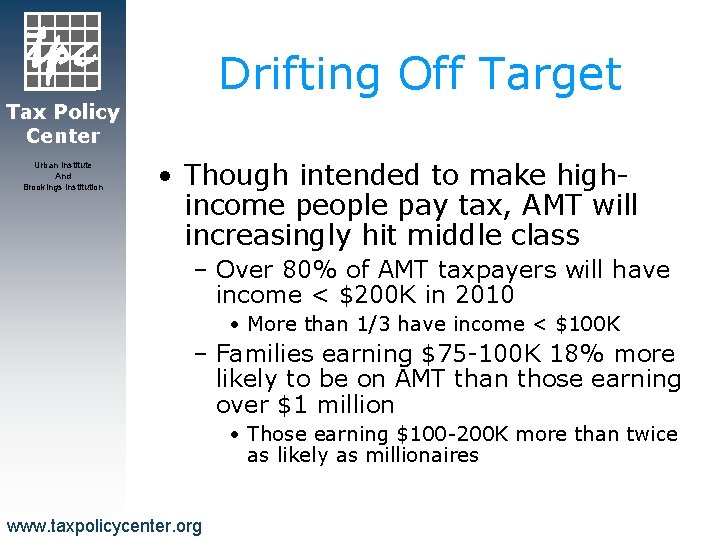 Drifting Off Target Tax Policy Center Urban Institute And Brookings Institution • Though intended