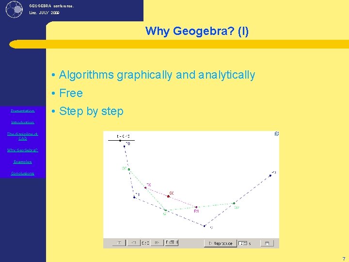 GEOGEBRA conference, Linz. JULY 2009 Why Geogebra? (I) • Algorithms graphically and analytically •