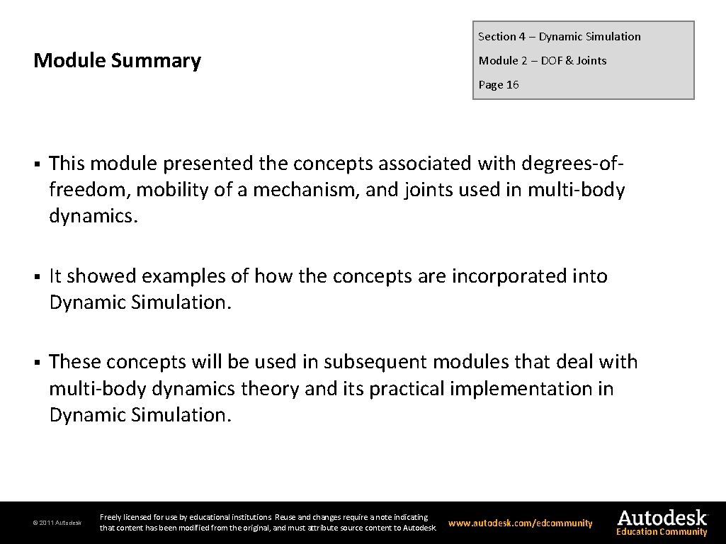 Section 4 – Dynamic Simulation Module Summary Module 2 – DOF & Joints Page