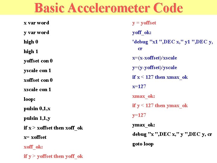 Basic Accelerometer Code x var word y = yoffset y var word yoff_ok: high